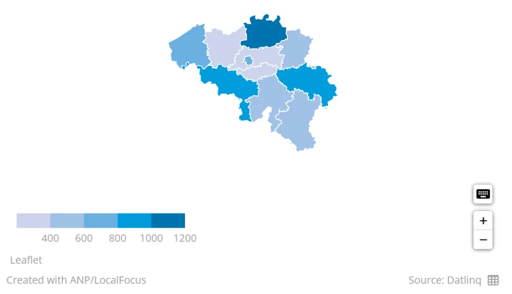 Choropleth map showing the number of snack bars by province in Belgium